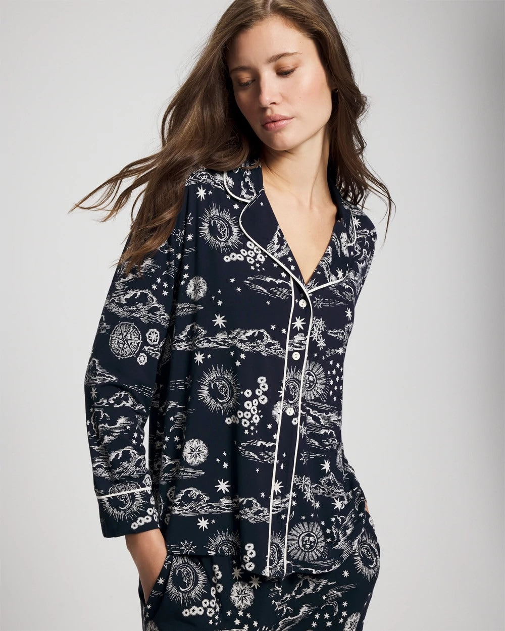 Cool Nights Long Sleeve Notch Collar with Piped Placket Pajama Top