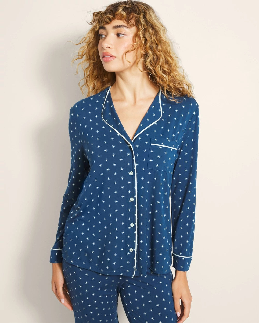 Piped Long-Sleeve Notch Pajama Top
