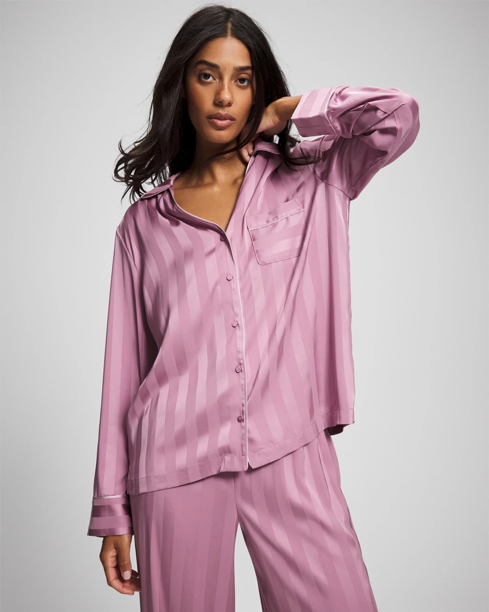 Shadow Stripe Long Sleeve Pajama Notch Collar Top