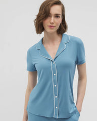 Solid Short Sleeve Notch Collar Pajama Top