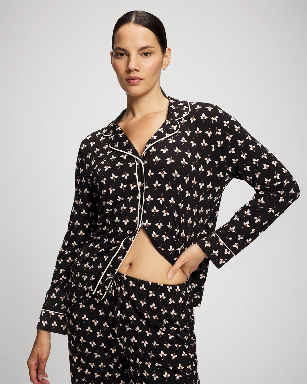 Long-Sleeve Printed Notch Collar Pajama Top