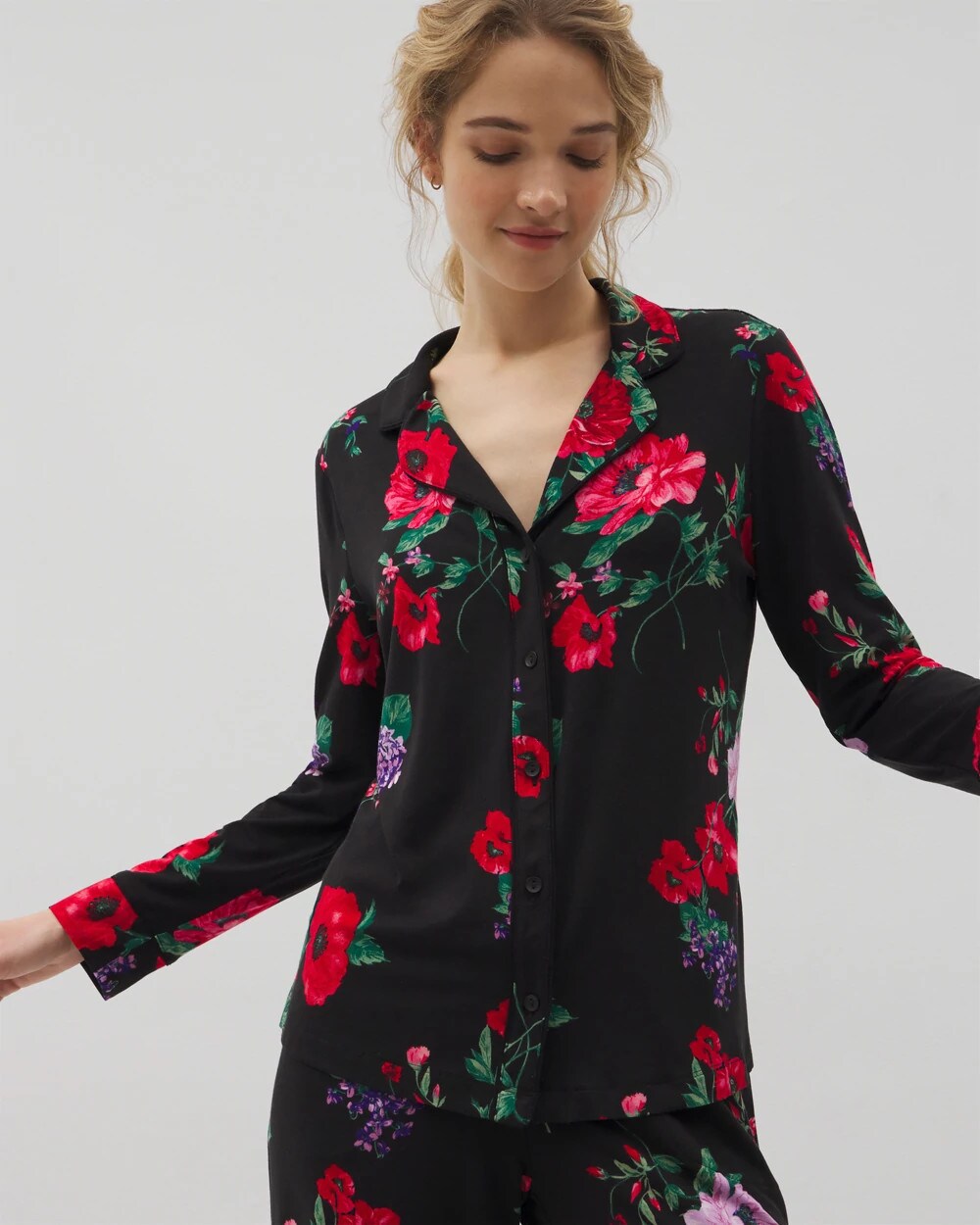 Long-Sleeve Printed Notch Collar Pajama Top