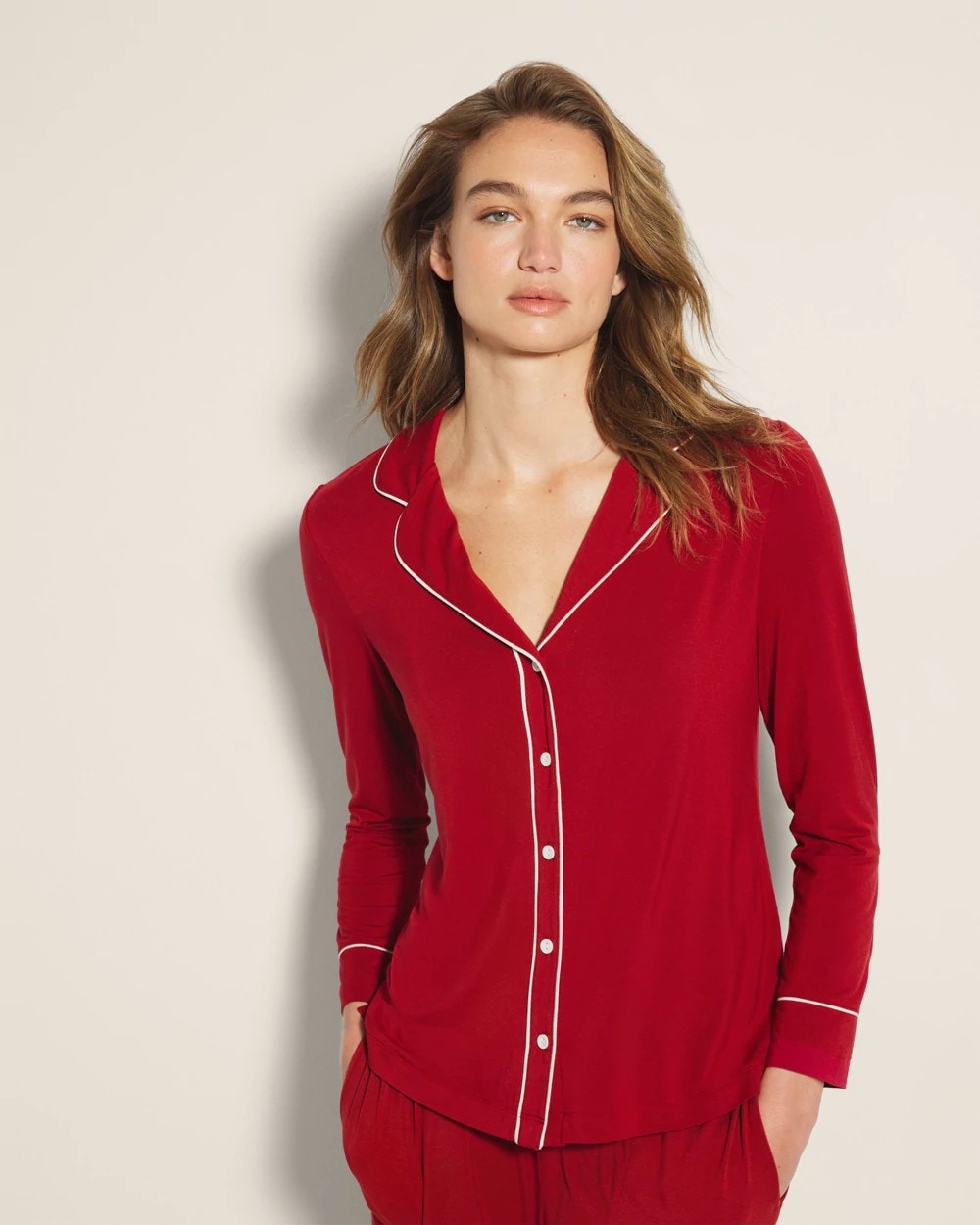 Long-Sleeve Notch Collar Pajama Top