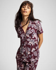 Piped Short Sleeve Notch Collar Pajama Top