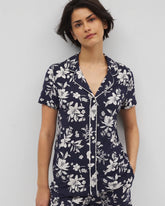 Piped Short Sleeve Notch Collar Pajama Top