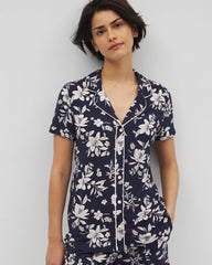 Piped Short Sleeve Notch Collar Pajama Top