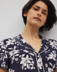 Piped Short Sleeve Notch Collar Pajama Top