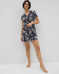 Piped Short Sleeve Notch Collar Pajama Top