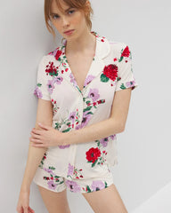 Piped Short Sleeve Notch Collar Pajama Top