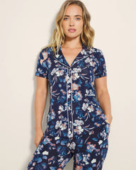 Piped Short Sleeve Notch Collar Pajama Top