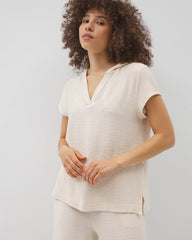Crinkle Knit Short Sleeve V-Neck Hoodie