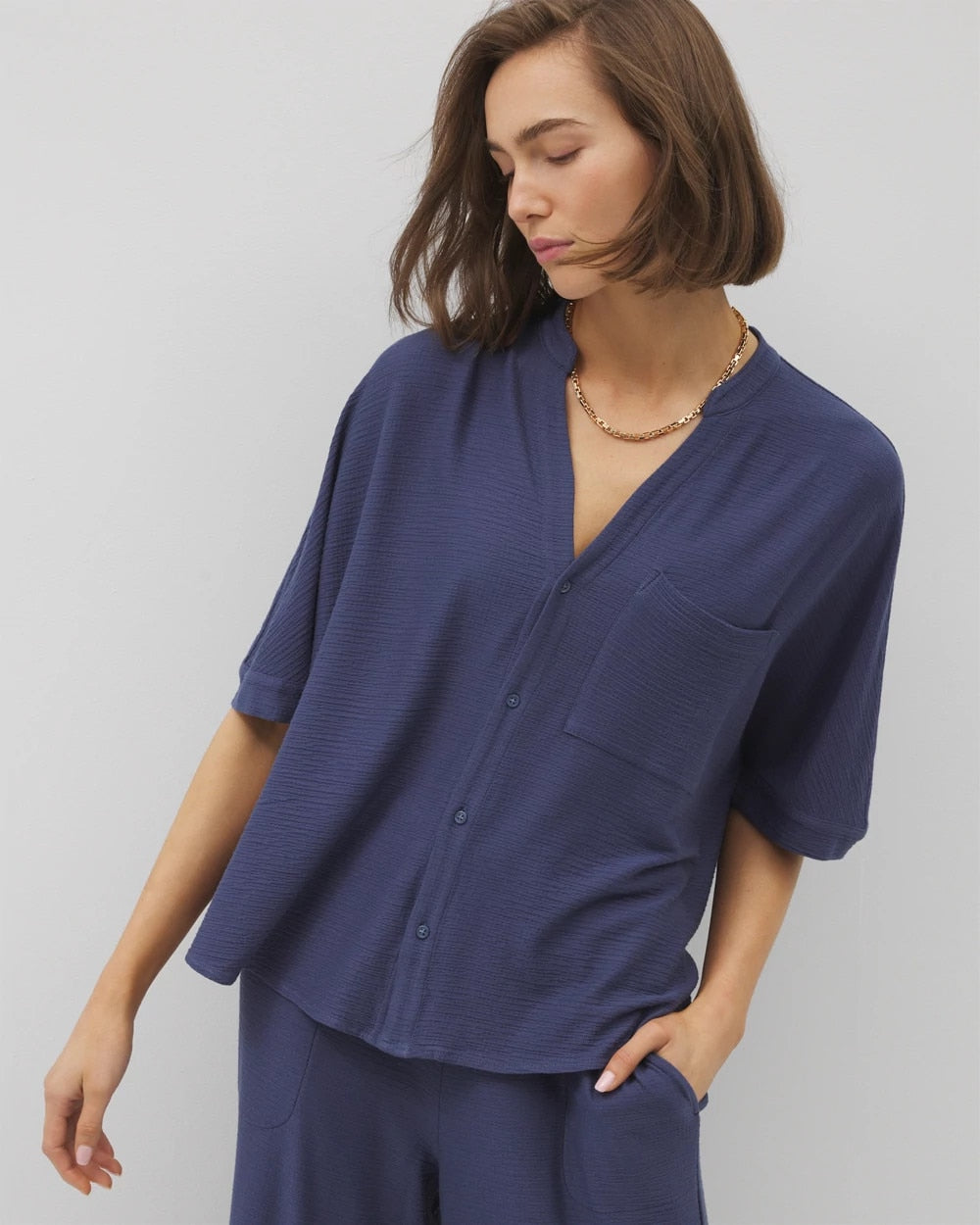 Crinkle Knit Relaxed Button-Up Top