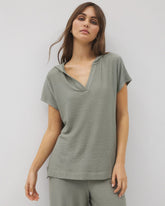 Crinkle Knit Short Sleeve V-Neck Hoodie