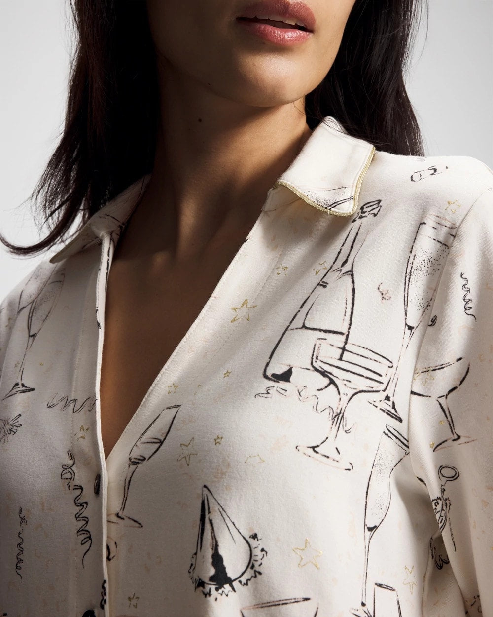 Long-Sleeve Notch Collar Pajama Top