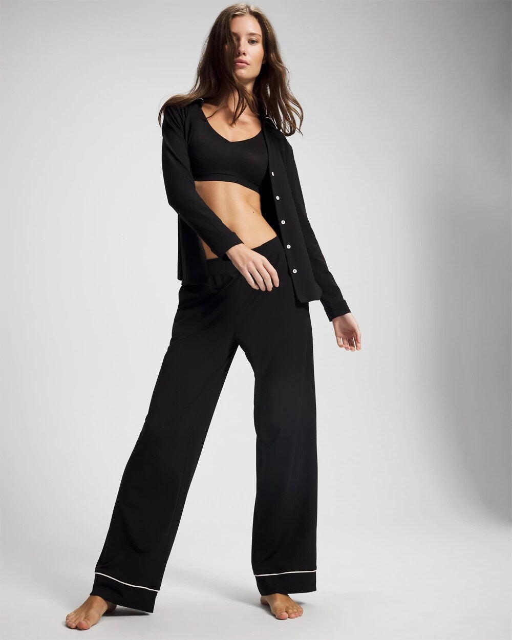Long-Sleeve Notch Collar Pajama Top