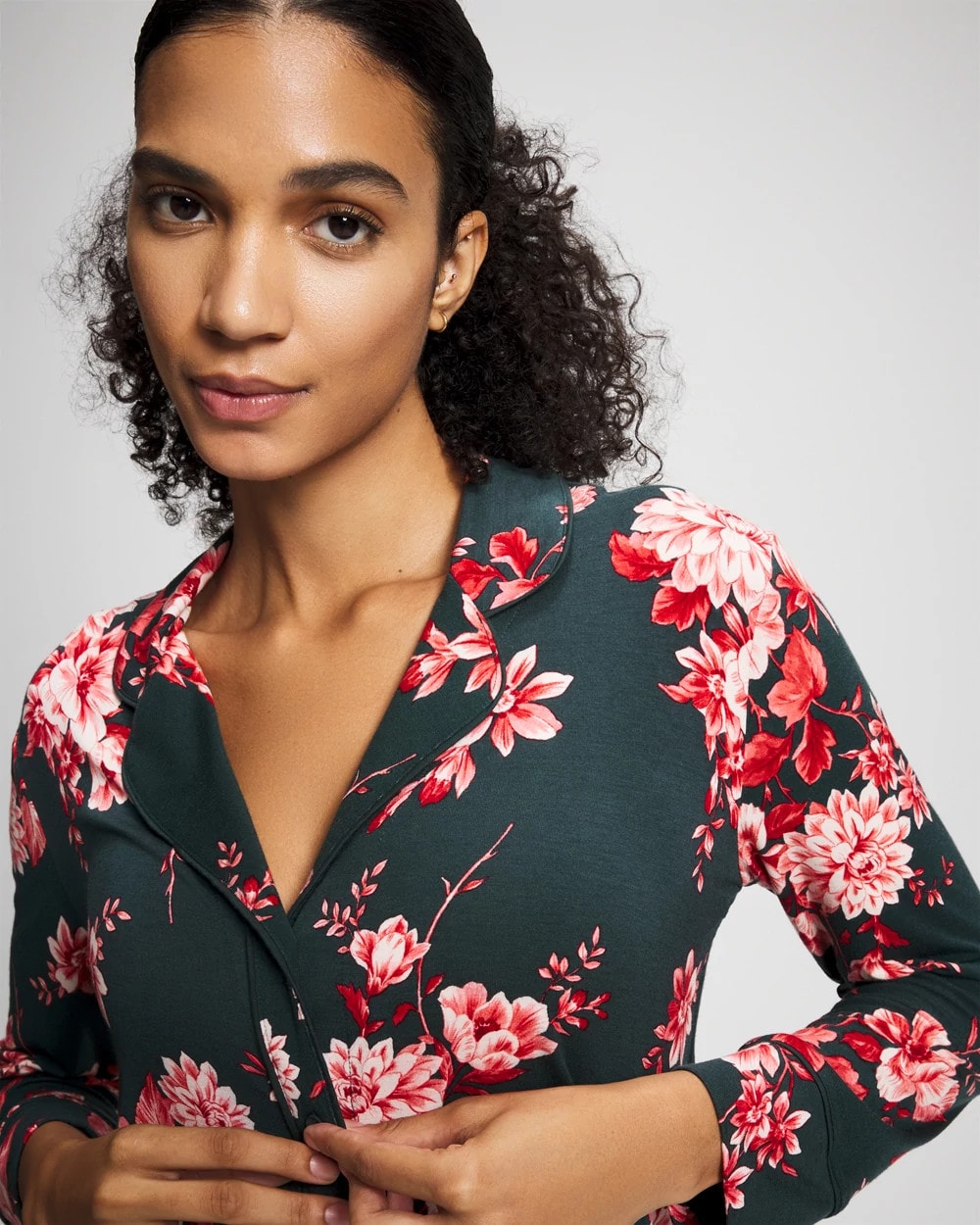Cool Nights Long Sleeve Notch Collar with Piped Placket Pajama Top