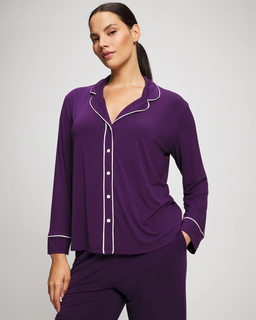 Long Sleeve Notch Collar w/ Piped Placket Pajama Top
