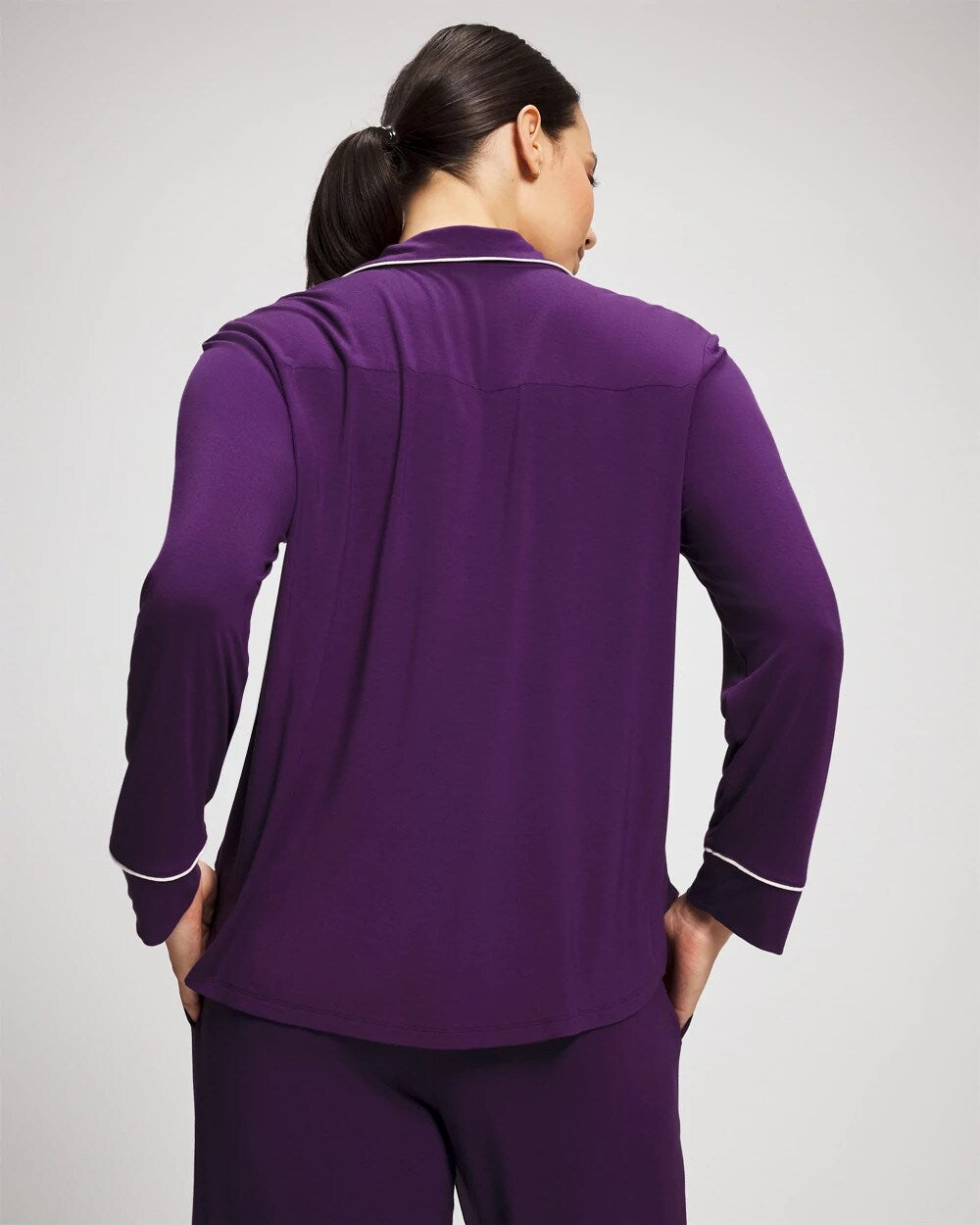 Long Sleeve Notch Collar w/ Piped Placket Pajama Top