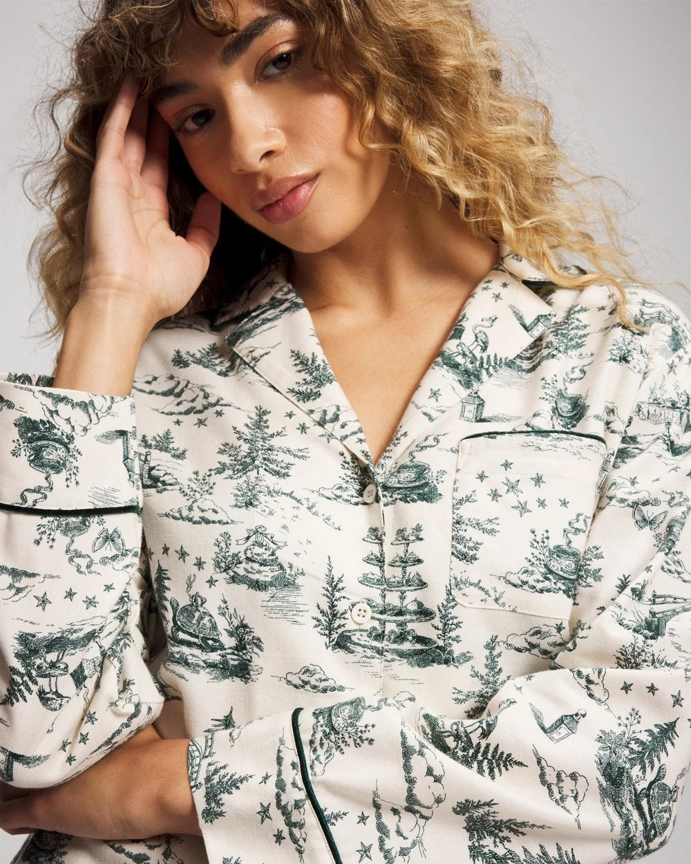 Long-Sleeve Notch Collar Pajama Top