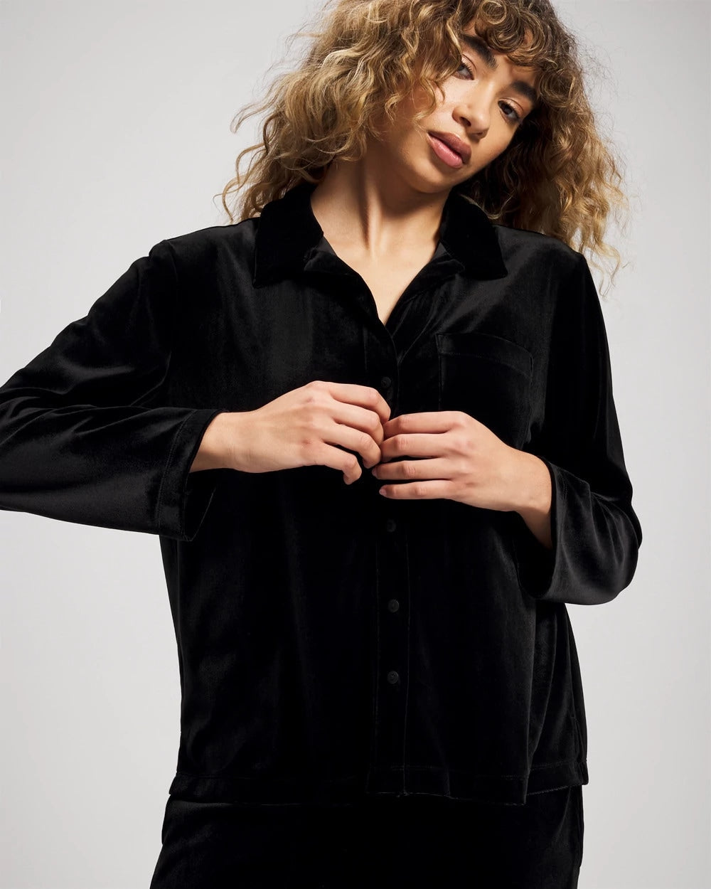 Velvet Long Sleeve Notch Collar Pajama Top