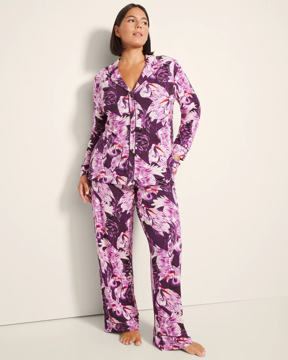 Long-Sleeve Printed Notch Collar Pajama Top