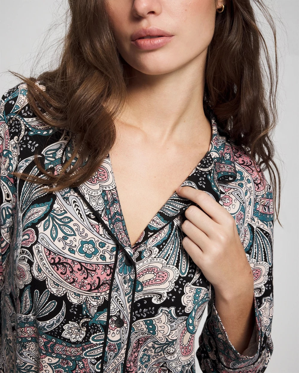 Cool Nights Long Sleeve Notch Collar with Piped Placket Pajama Top
