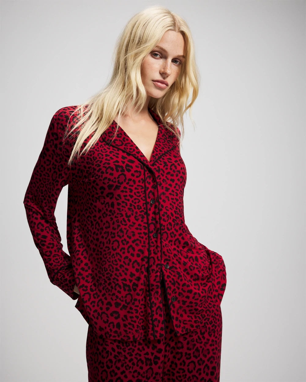 Cool Nights Long Sleeve Notch Collar with Piped Placket Pajama Top