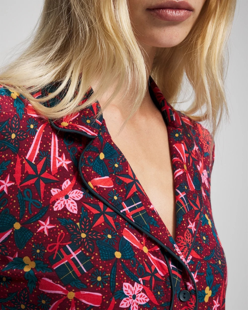 Cool Nights Long Sleeve Notch Collar with Piped Placket Pajama Top