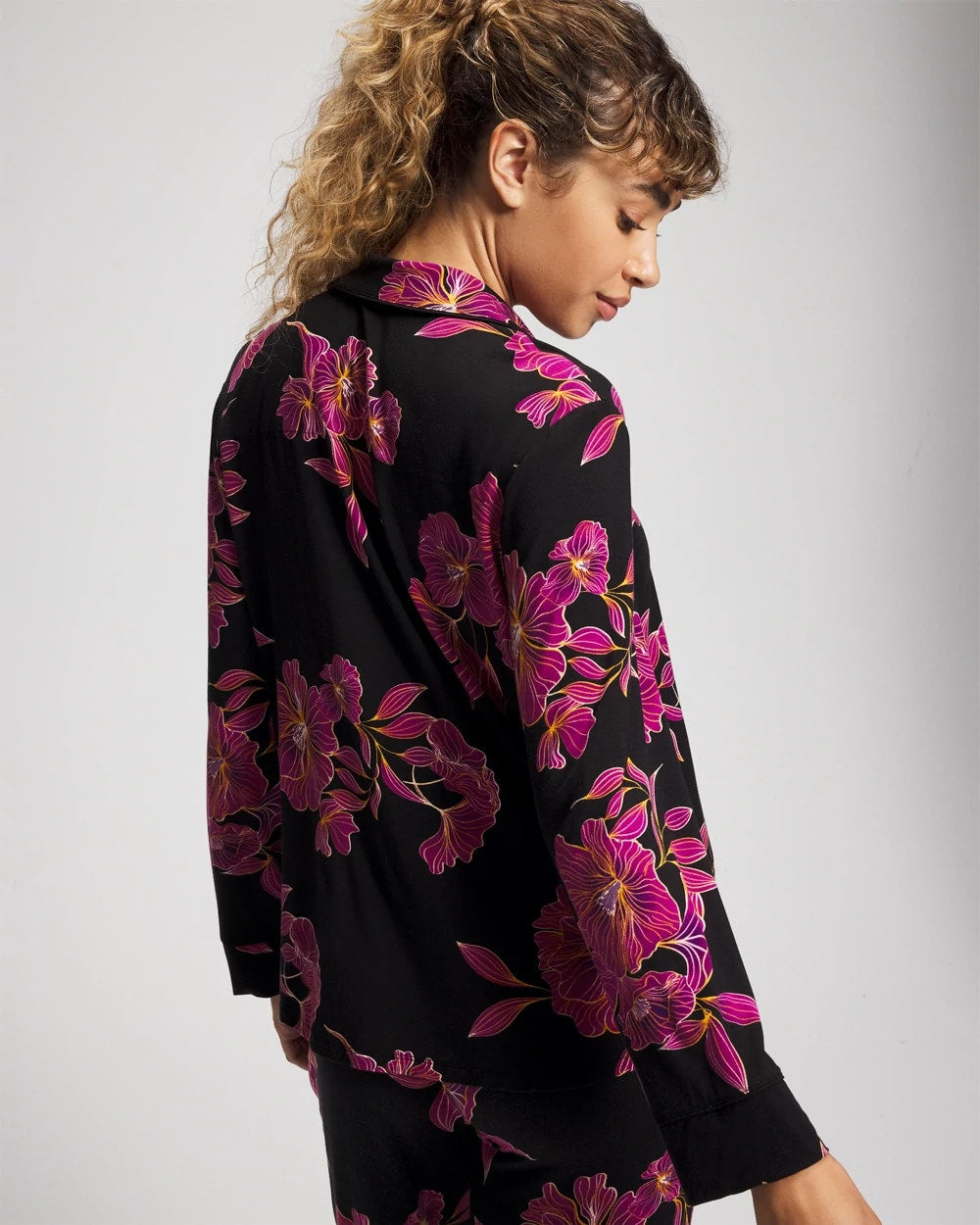 Cool Nights Long Sleeve Notch Collar with Piped Placket Pajama Top