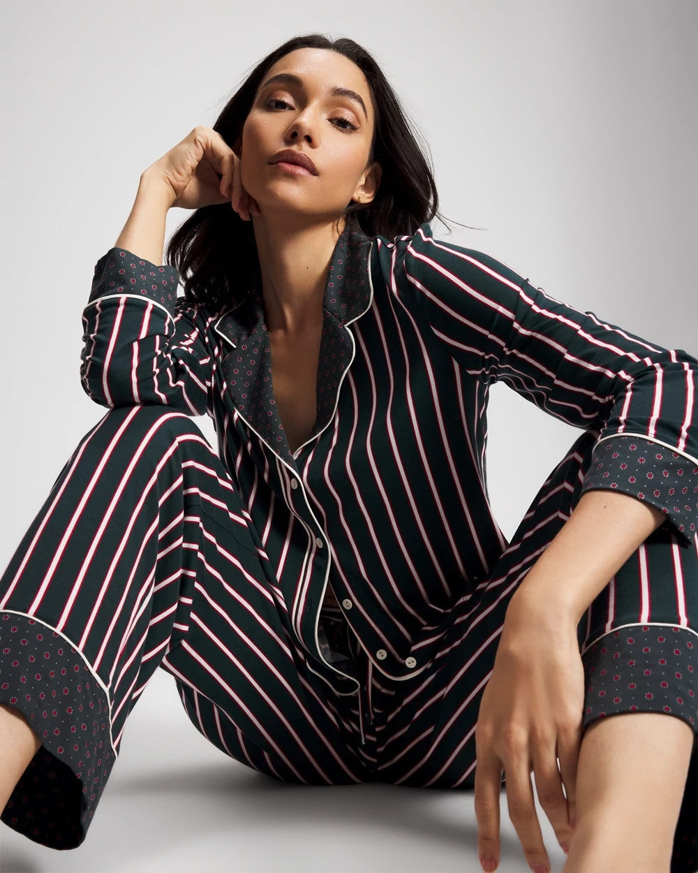 Cool Nights Long Sleeve Notch Collar with Piped Placket Pajama Top