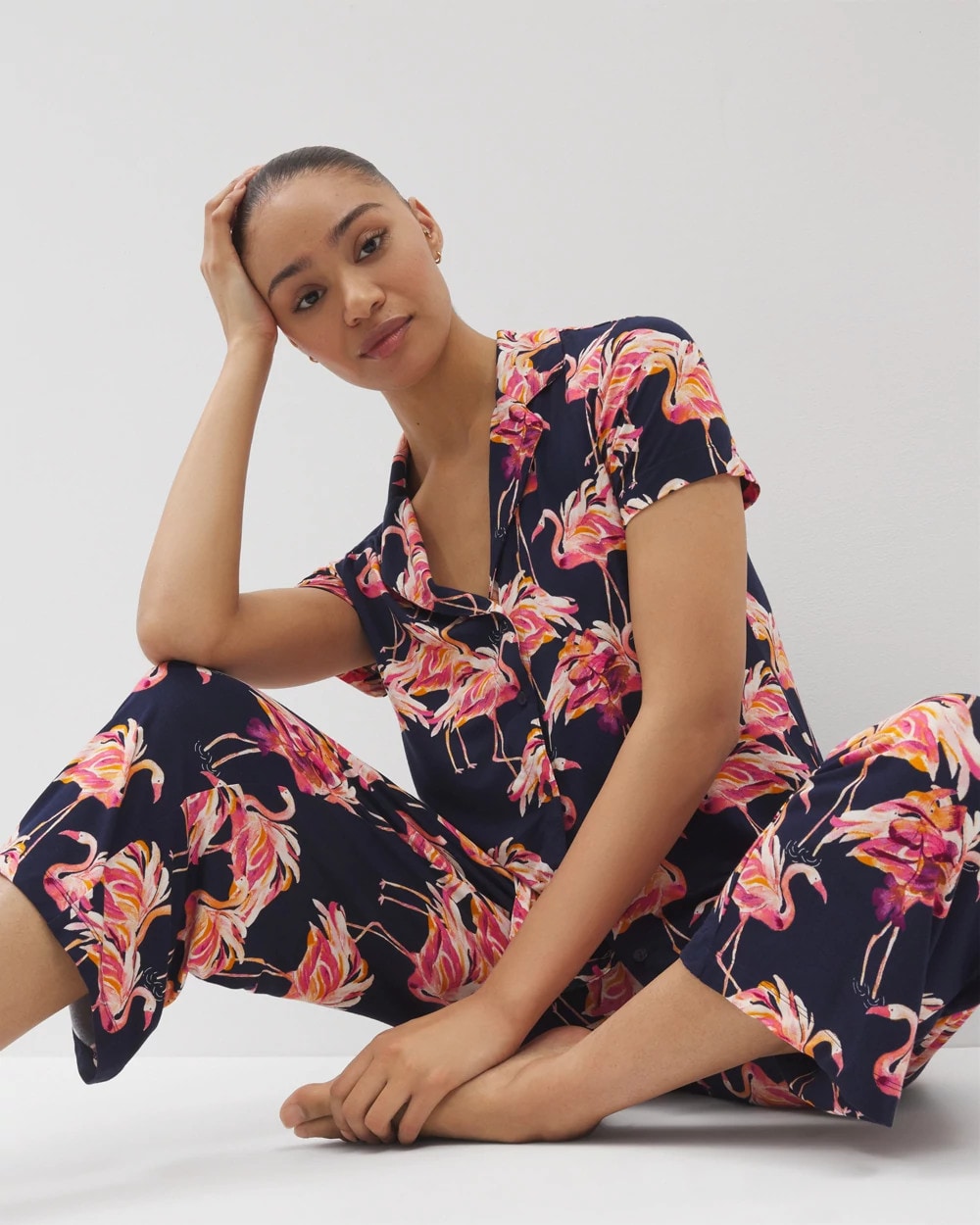 Short Sleeve Notch Collar Pajama Top