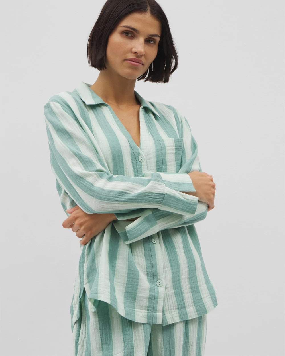 Cotton Gauze Long Sleeve Notch Collar Pajama Top
