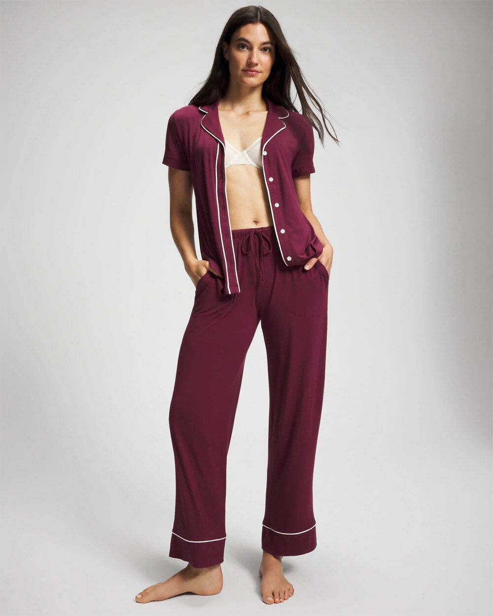 Solid Short Sleeve Notch Collar Pajama Top