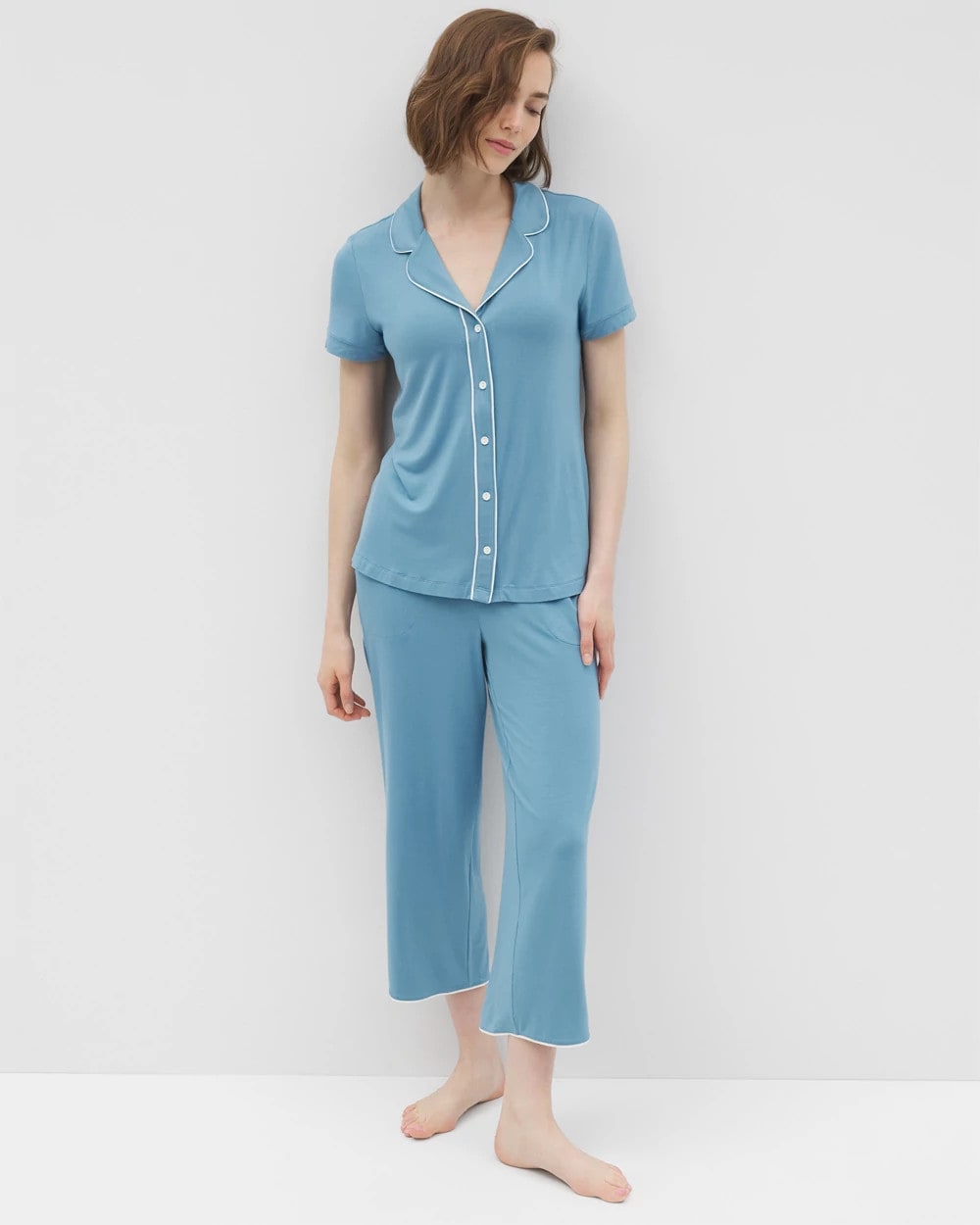 Solid Short Sleeve Notch Collar Pajama Top