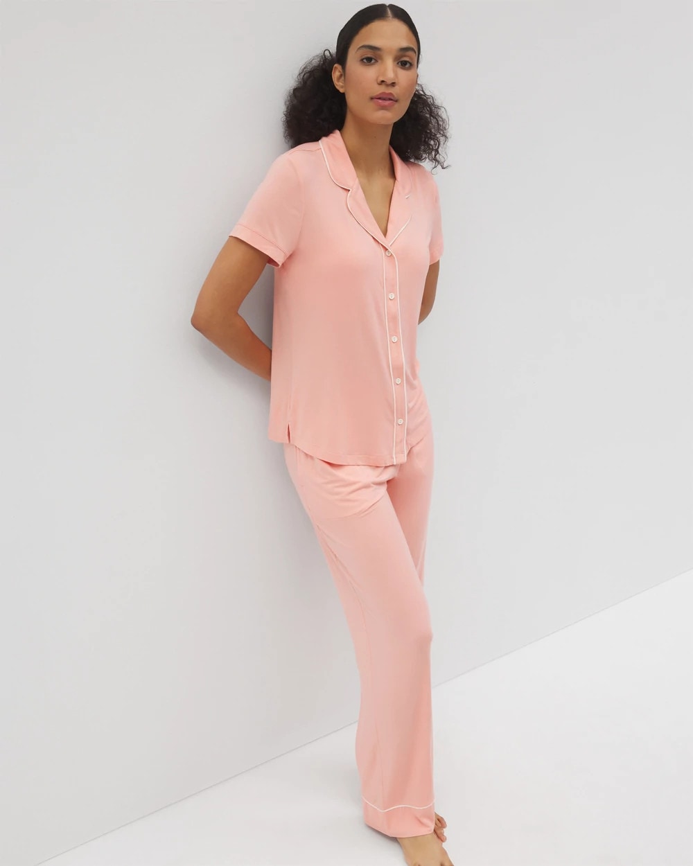 Solid Short Sleeve Notch Collar Pajama Top