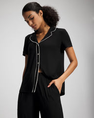 Solid Short Sleeve Notch Collar Pajama Top