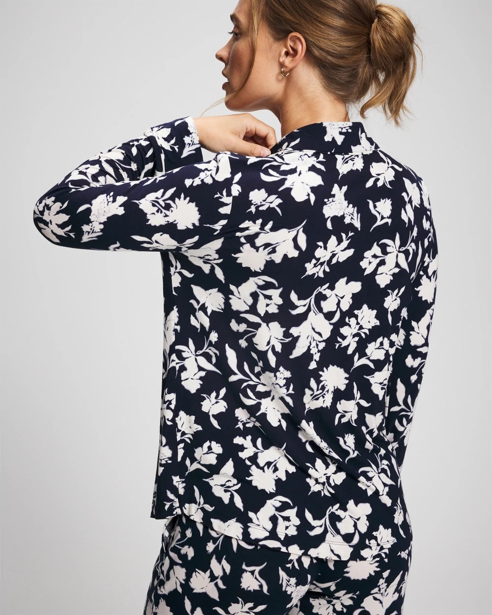 Long-Sleeve Printed Notch Collar Pajama Top