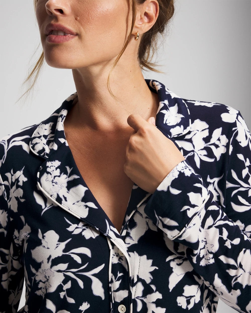 Long-Sleeve Printed Notch Collar Pajama Top