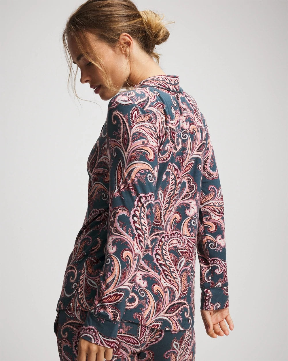 Long-Sleeve Printed Notch Collar Pajama Top