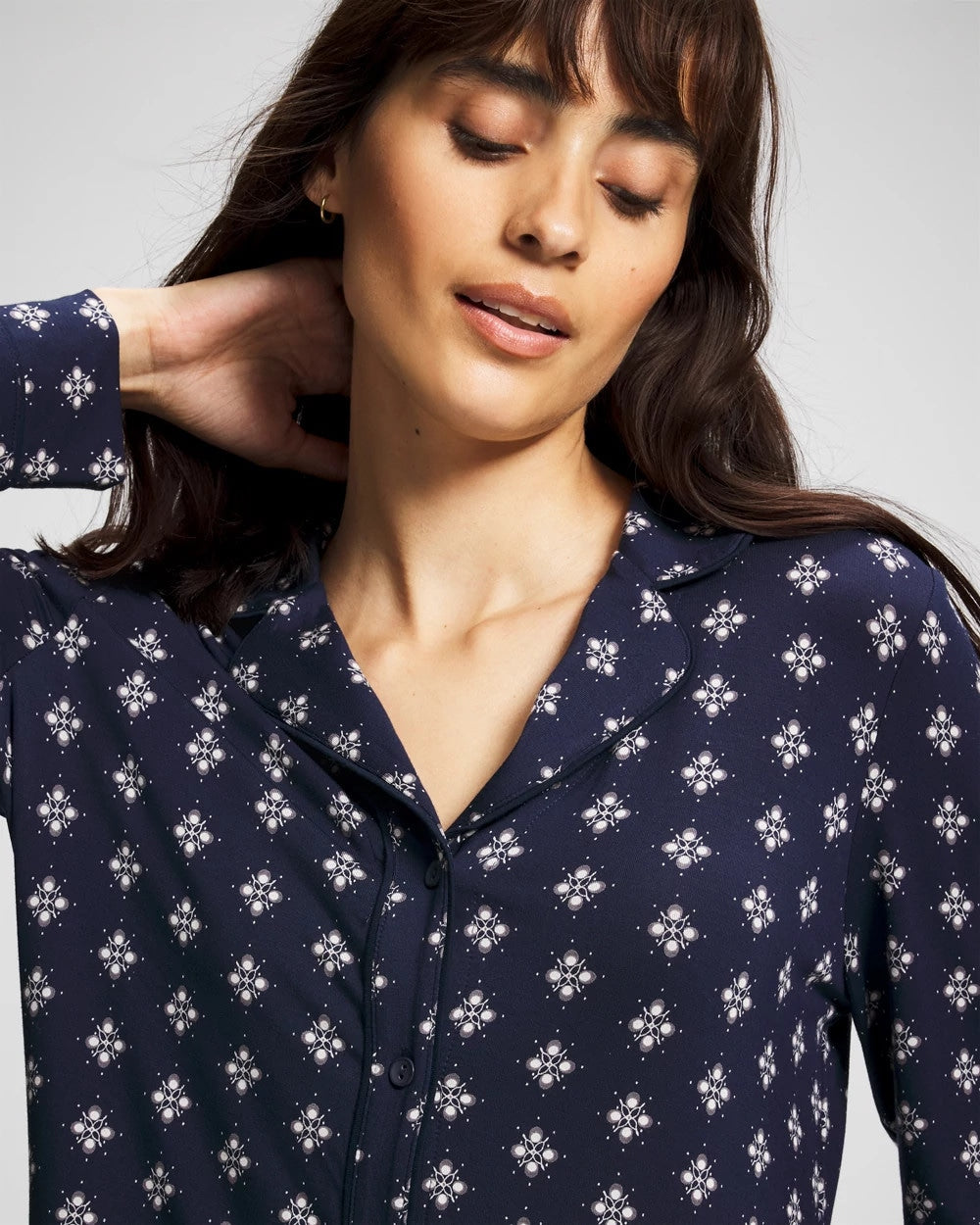 Long-Sleeve Printed Notch Collar Pajama Top