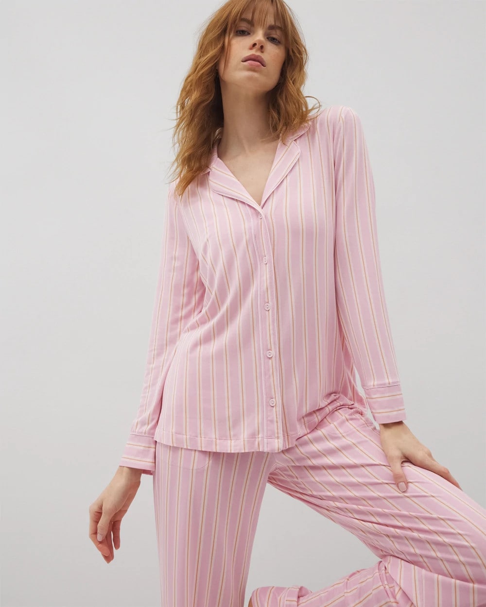 Long-Sleeve Printed Notch Collar Pajama Top