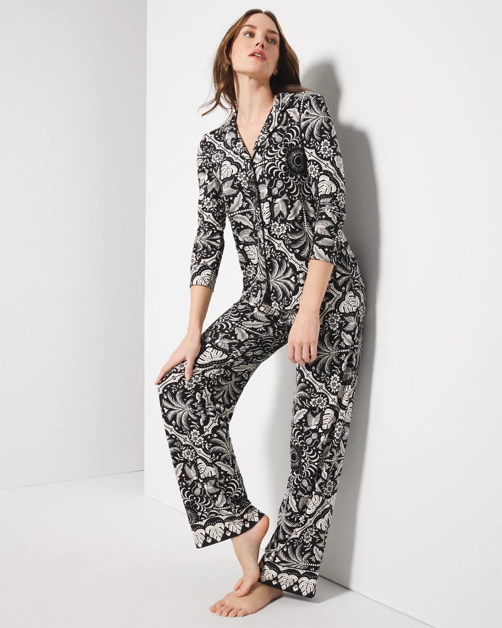 Long-Sleeve Printed Notch Collar Pajama Top