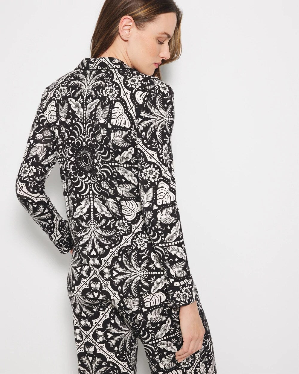 Long-Sleeve Printed Notch Collar Pajama Top