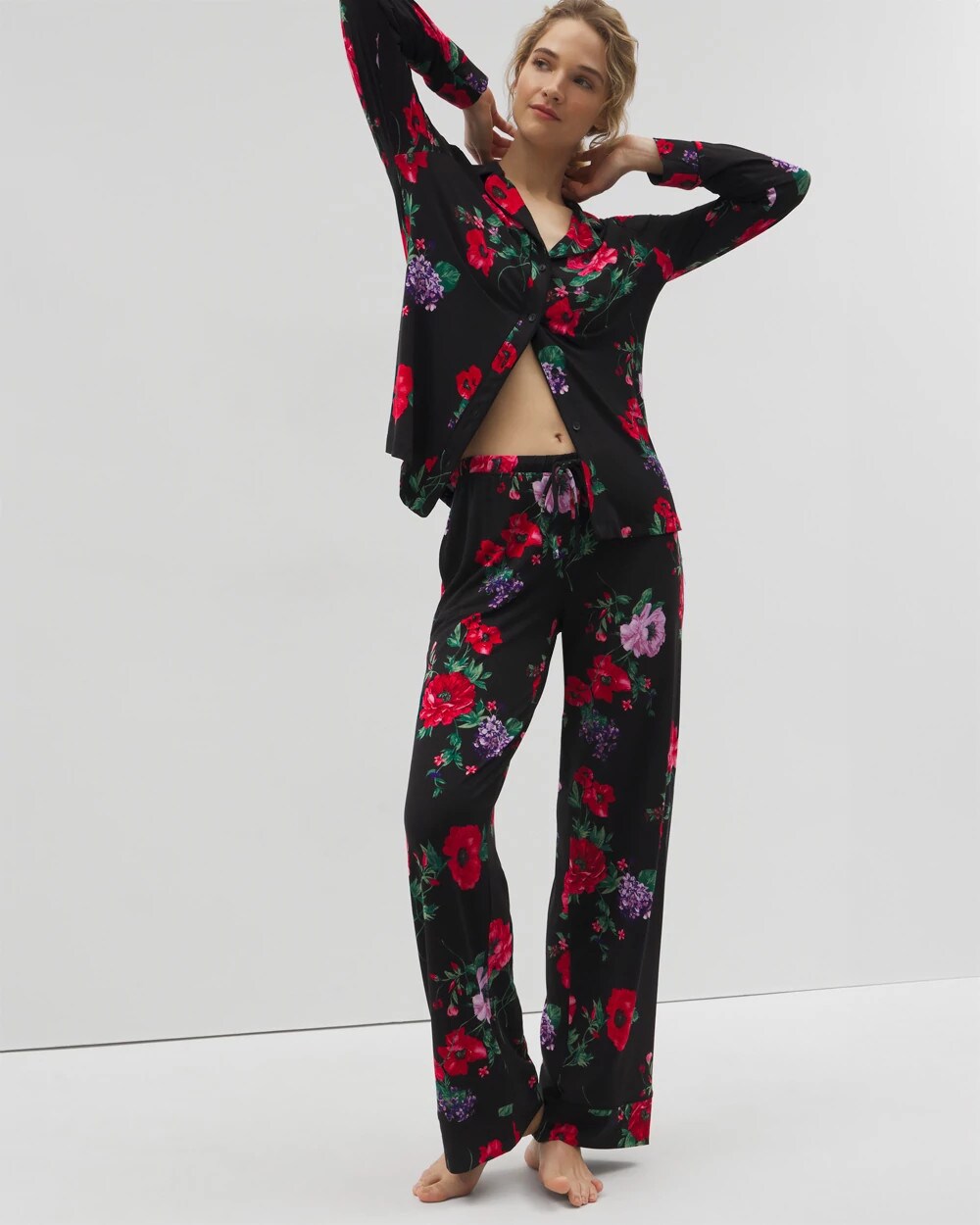 Long-Sleeve Printed Notch Collar Pajama Top
