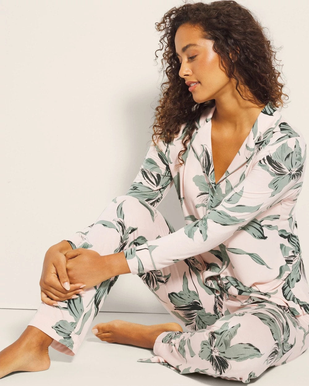 Long-Sleeve Printed Notch Collar Pajama Top