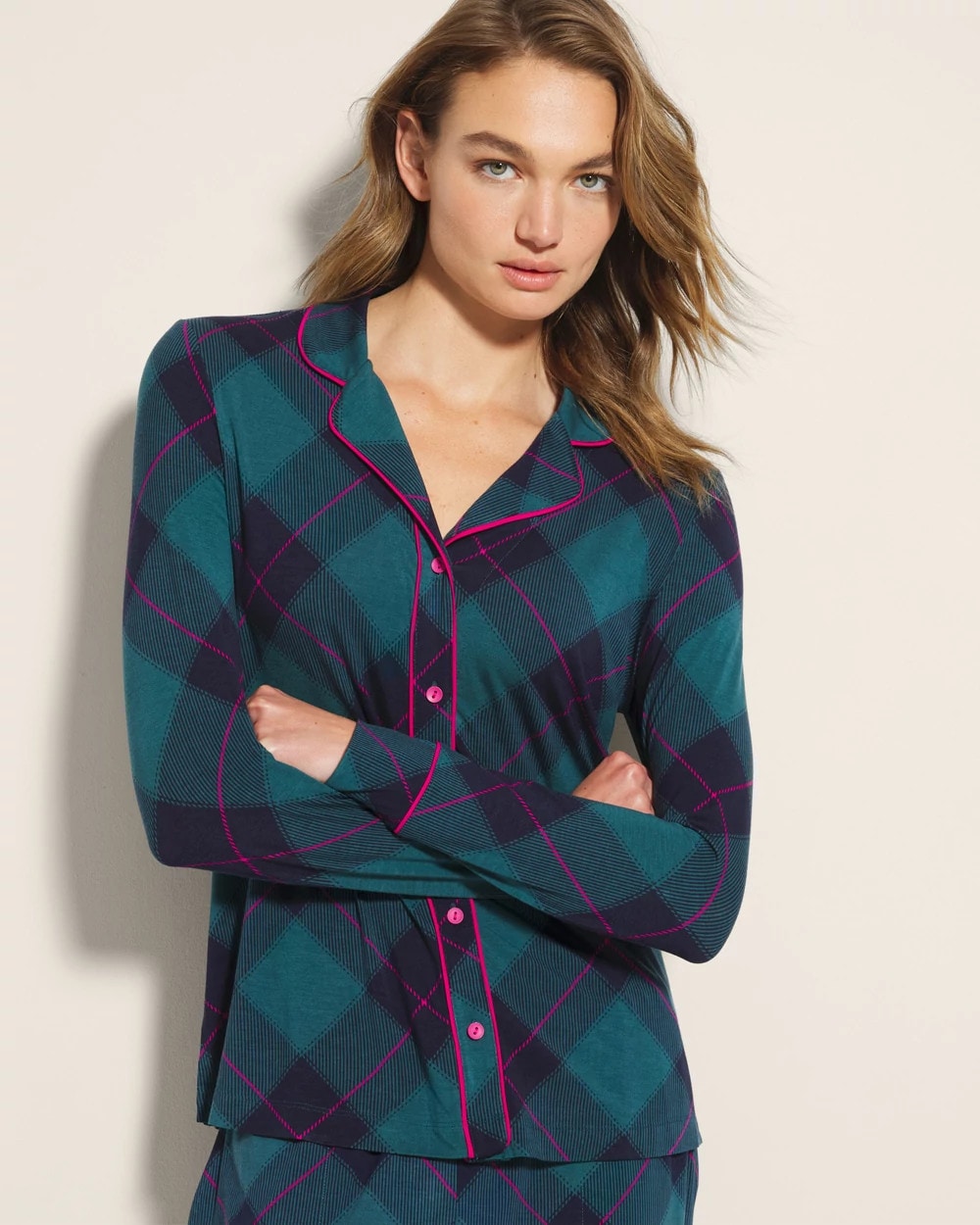 Long-Sleeve Printed Notch Collar Pajama Top