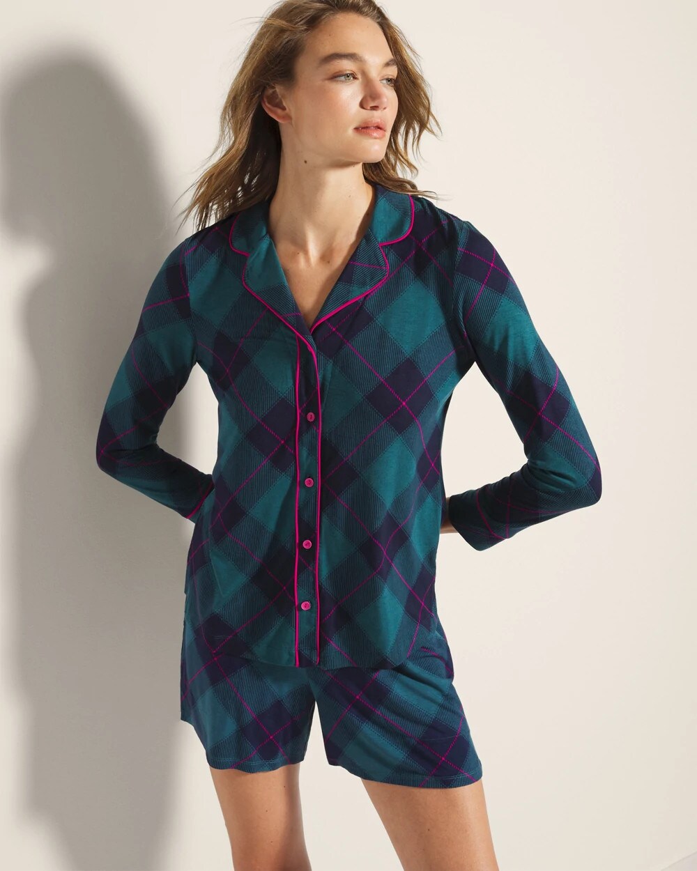 Long-Sleeve Printed Notch Collar Pajama Top