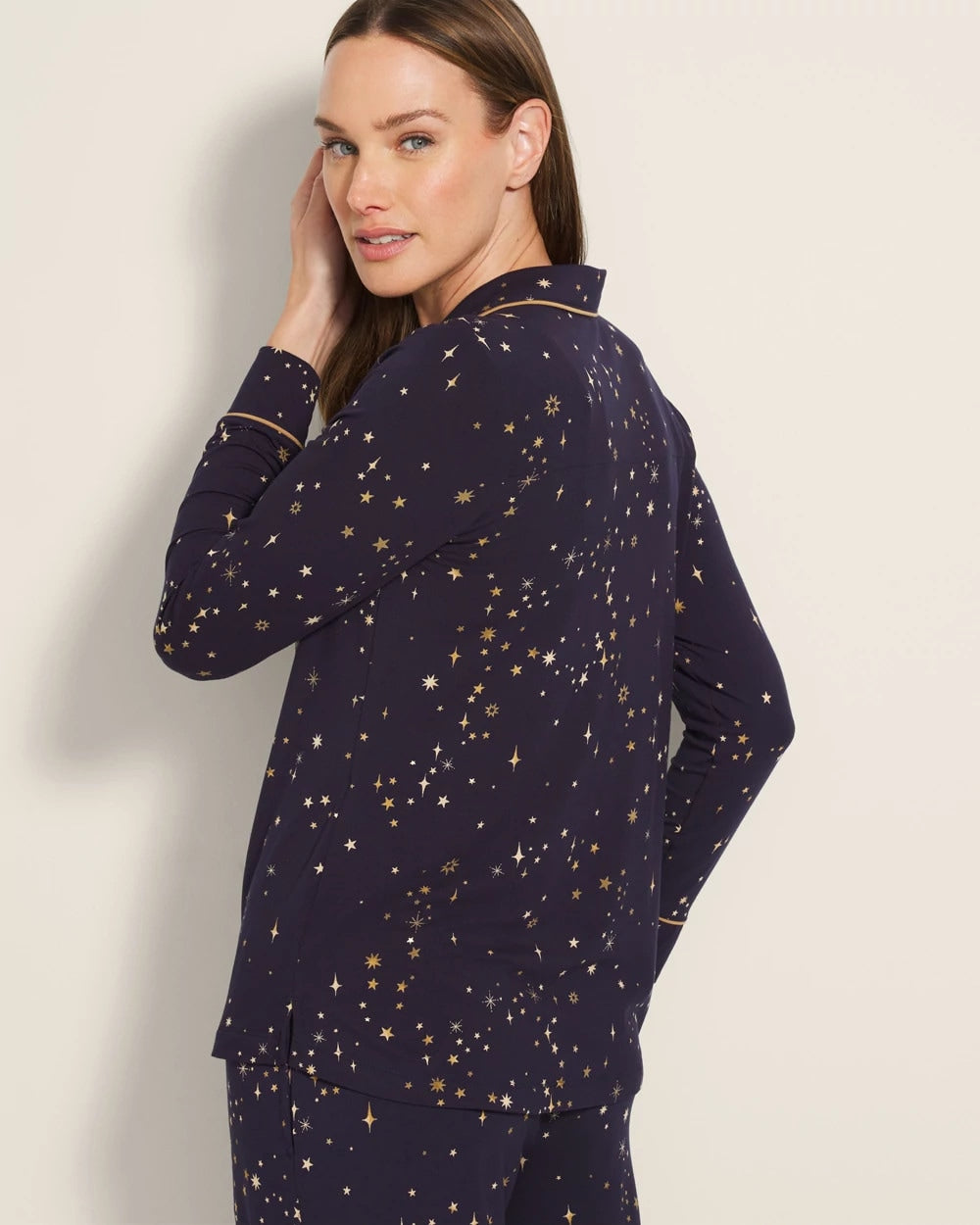 Long-Sleeve Printed Notch Collar Pajama Top