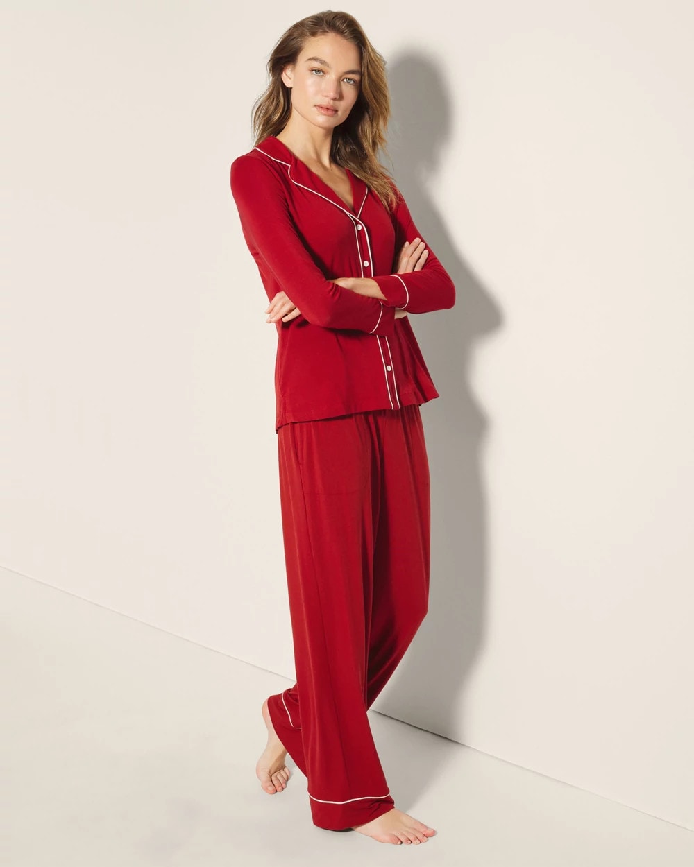 Long-Sleeve Notch Collar Pajama Top