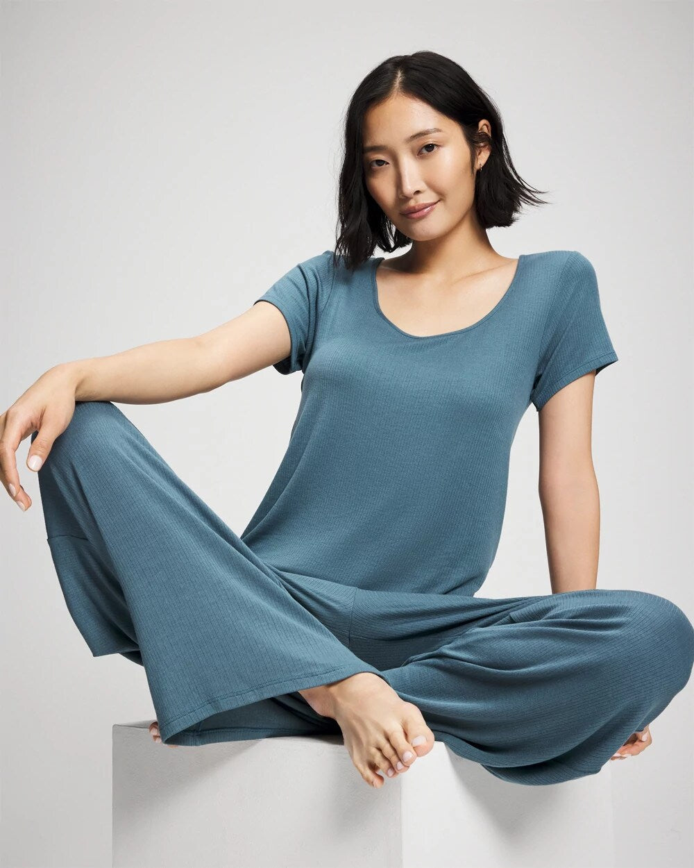 Lightweight Rib Knit Wide Leg Pajama Pants